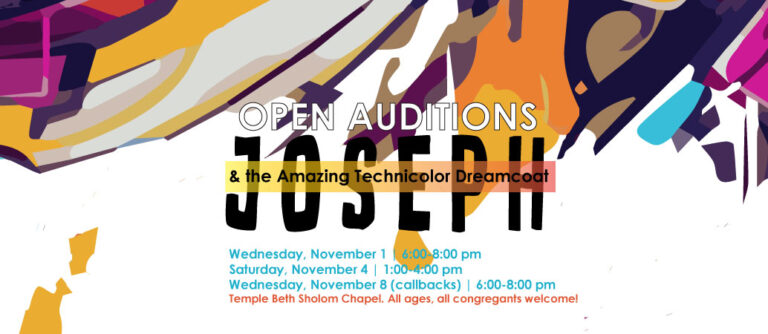 A poster for an open auditions of joseph and the amazing technicolor dreamcoat.