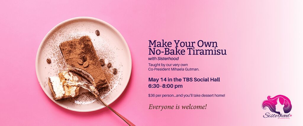 Tiramisu slice and event details on pink.